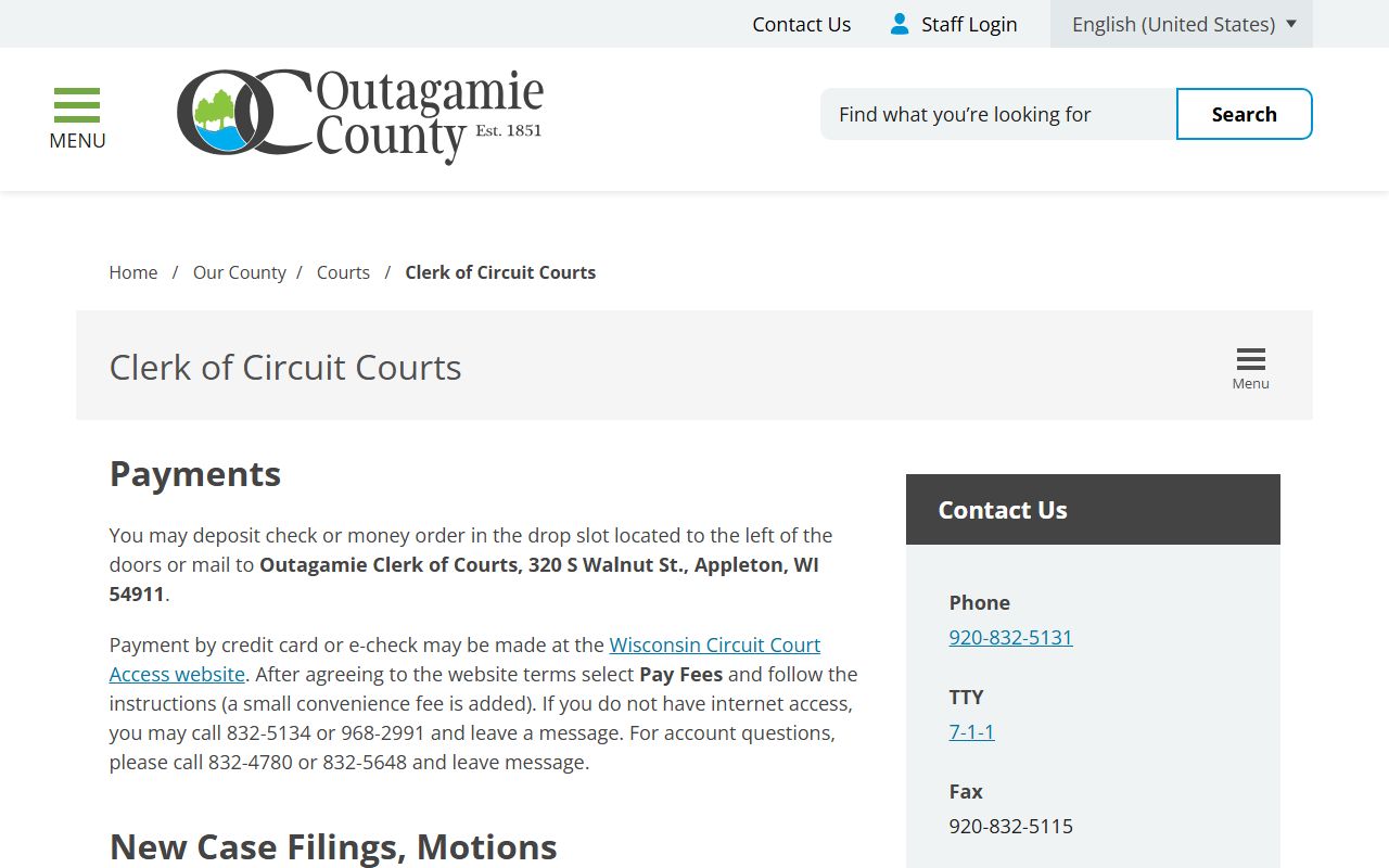 Outagamie County court records Clerk of Circuit Courts page