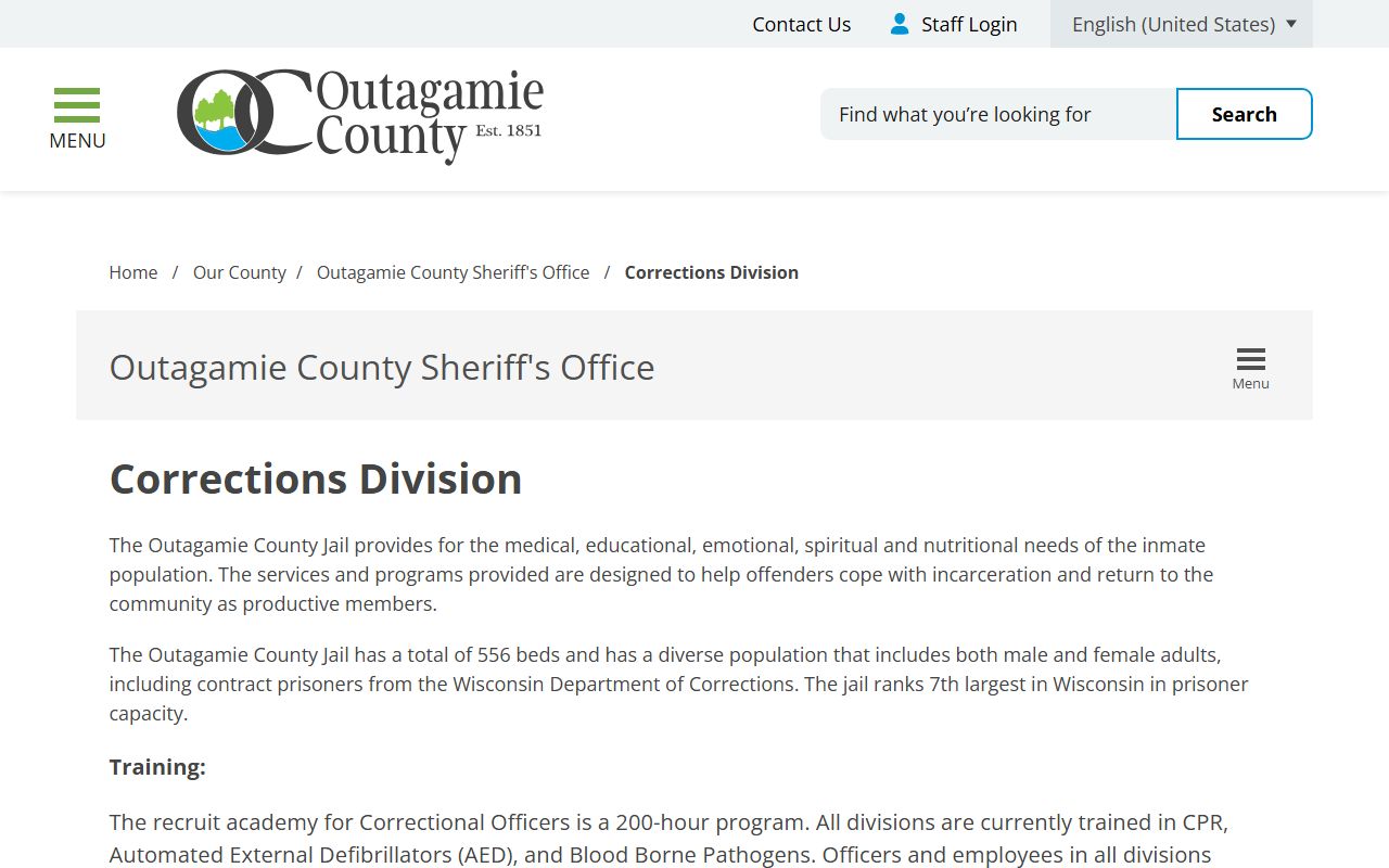 Outagamie County inmate population corrections division page