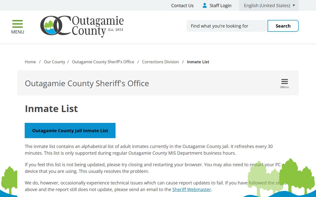 Outagamie County inmate records roster page