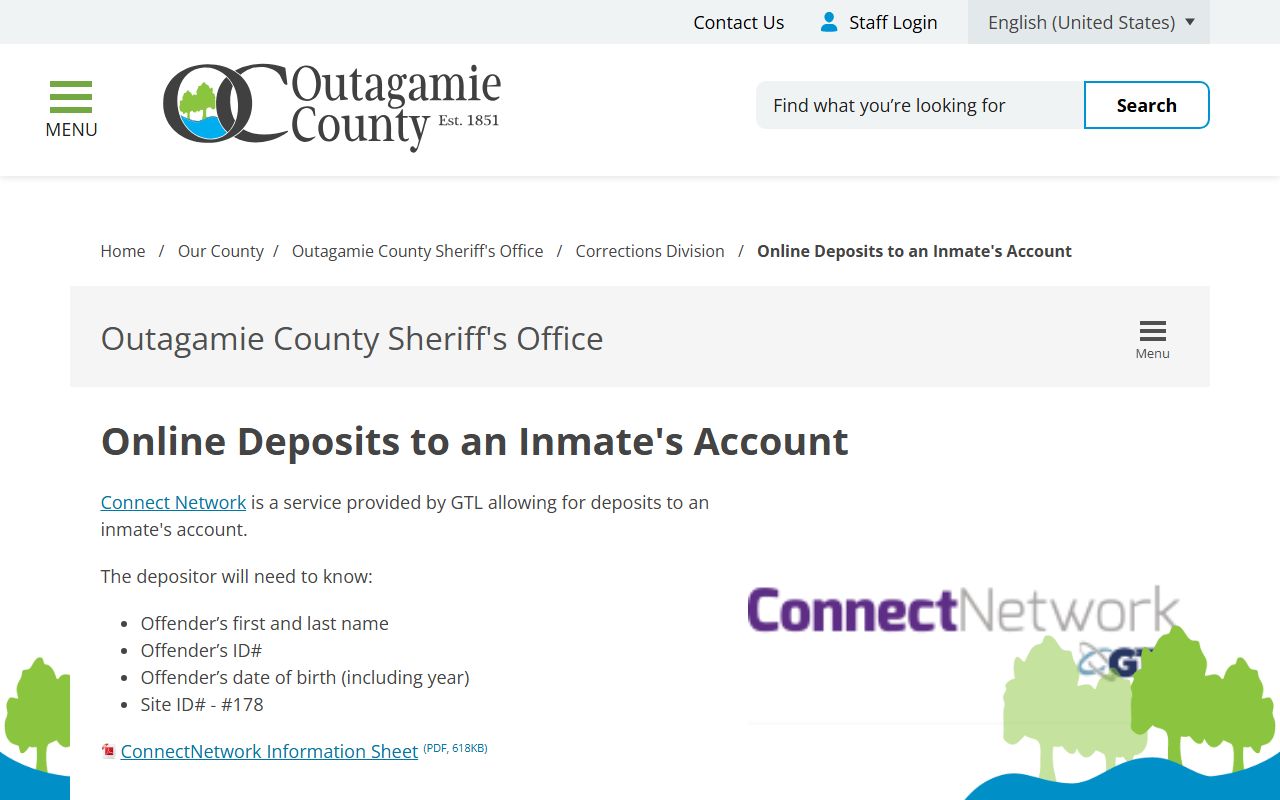 Outagamie County Jail inmate deposit page with ConnectNetwork Site ID 178