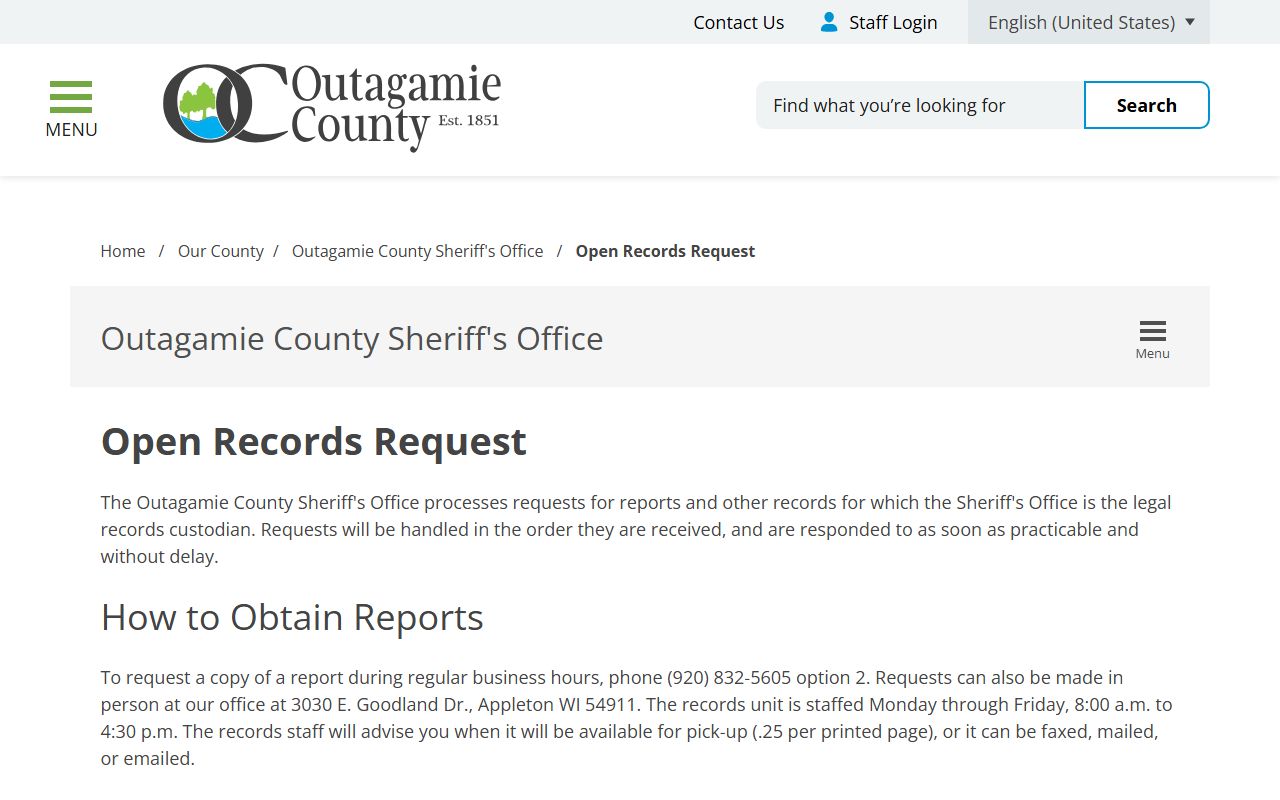 Outagamie County jail mugshots Sheriff's open records request page